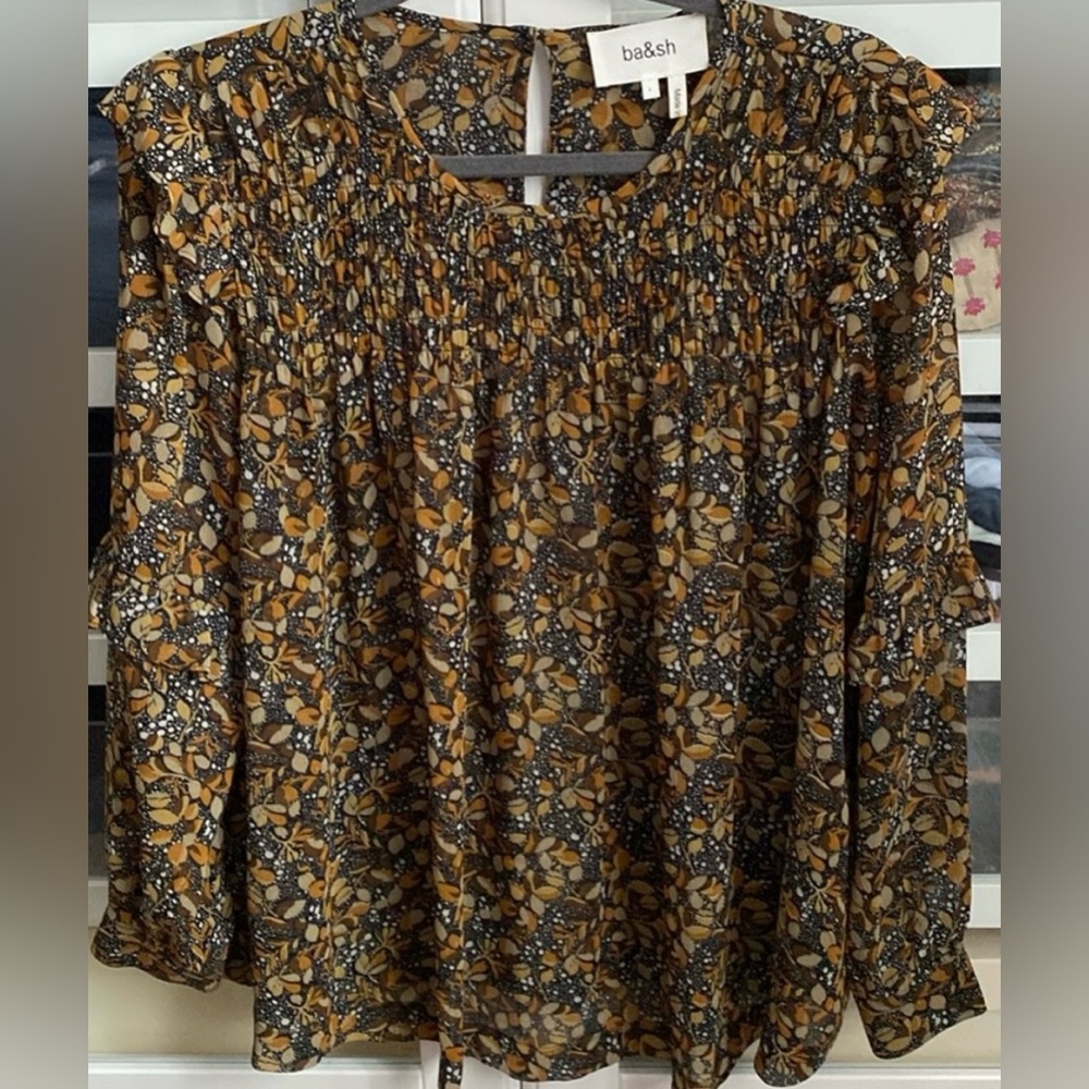 ba&sh Yellow and Black Smocked Ruffled Blouse